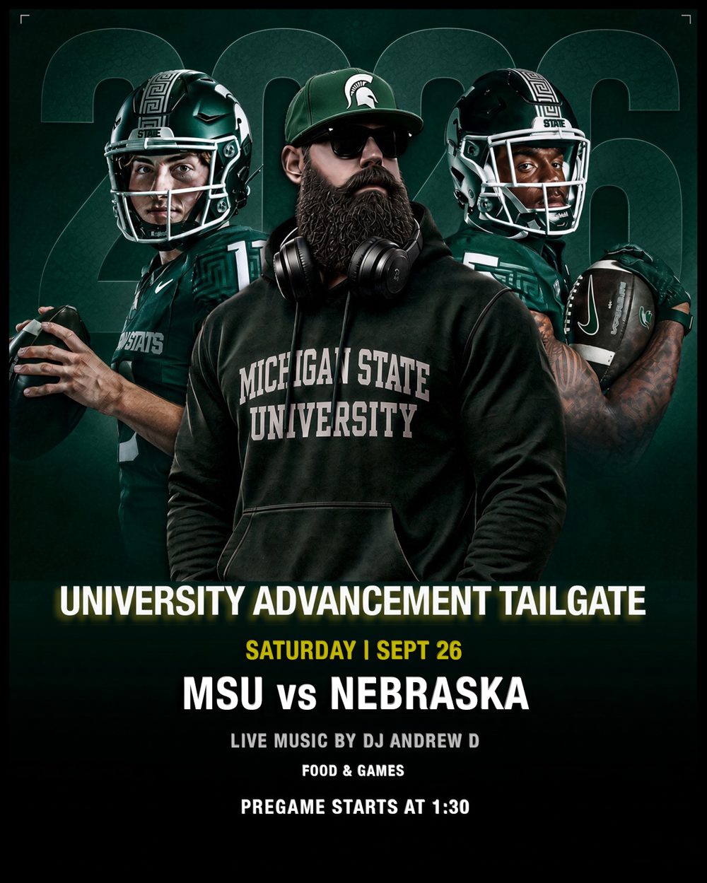 University Advancement Tailgate, Saturday Sept 26, MSU vs Nebraska. Live music by DJ Andrew D. Food and games. Pregame starts at 1:30.